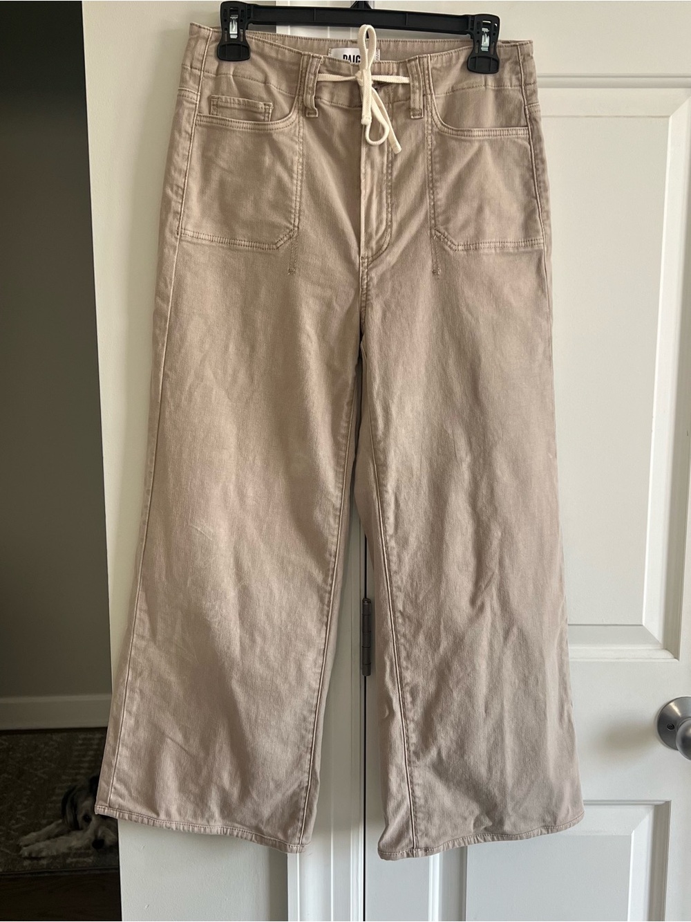 Paige Ari Wide Leg Pants Tan Drawstring High Waist Cotton Ankle size 27 flawed